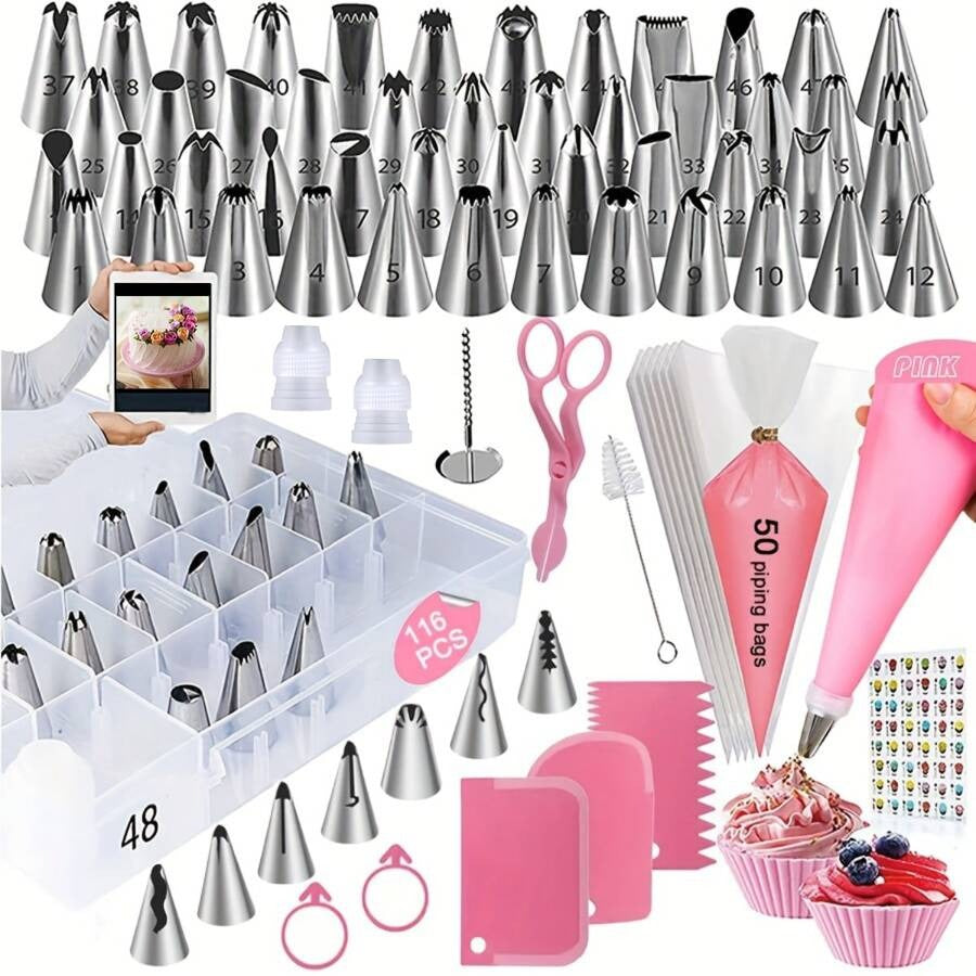 Set da 116 pezzi per decorare torte, include 55 bocchette per sac à poche, 50 sac à poche, 3 spatole per glassa, con scatola di contenimento. Adatto per decorare in modo creativo torte, biscotti.