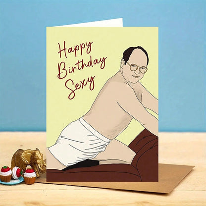 Biglietto d'auguri per compleanno divertente e spiritoso - "Buon compleanno sexy" - con busta, stampa di alta qualità, 16x11 cm, biglietto divertente con illustrazione di un uomo per famiglia e amici