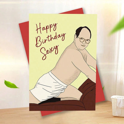 Biglietto d'auguri per compleanno divertente e spiritoso - "Buon compleanno sexy" - con busta, stampa di alta qualità, 16x11 cm, biglietto divertente con illustrazione di un uomo per famiglia e amici