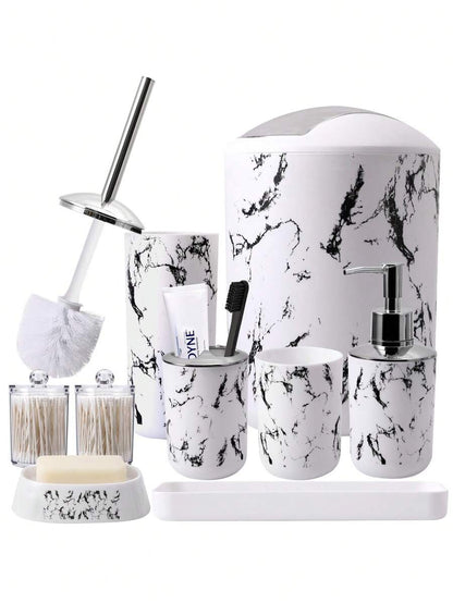 5 pezzi/9 pezzi Set di accessori per il bagno con motivo marmorizzato, inclusi portaspazzolino, dispenser di sapone, portasapone, bicchiere, bottiglie ricaricabili