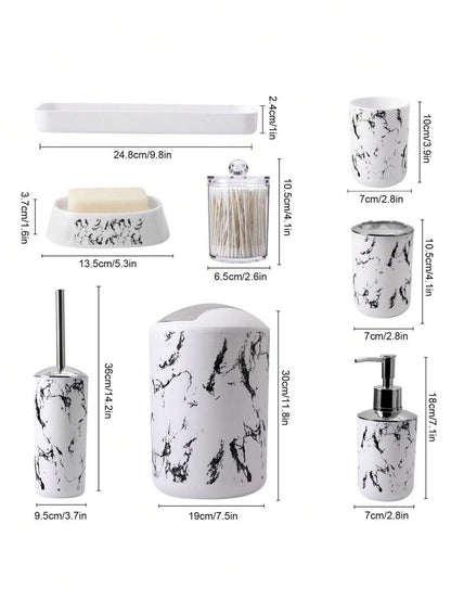 5 pezzi/9 pezzi Set di accessori per il bagno con motivo marmorizzato, inclusi portaspazzolino, dispenser di sapone, portasapone, bicchiere, bottiglie ricaricabili
