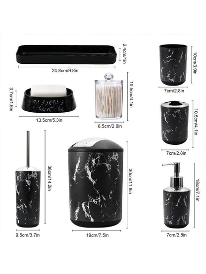 5 pezzi/9 pezzi Set di accessori per il bagno con motivo marmorizzato, inclusi portaspazzolino, dispenser di sapone, portasapone, bicchiere, bottiglie ricaricabili