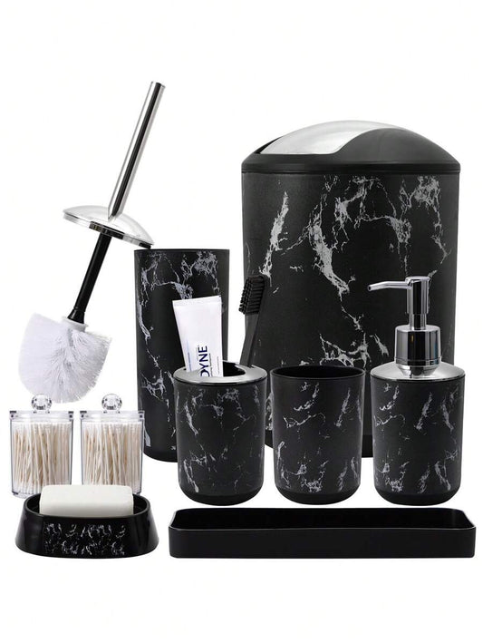 5 pezzi/9 pezzi Set di accessori per il bagno con motivo marmorizzato, inclusi portaspazzolino, dispenser di sapone, portasapone, bicchiere, bottiglie ricaricabili