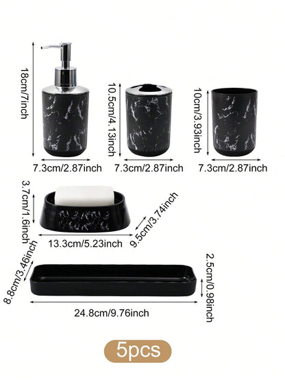 5 pezzi/9 pezzi Set di accessori per il bagno con motivo marmorizzato, inclusi portaspazzolino, dispenser di sapone, portasapone, bicchiere, bottiglie ricaricabili