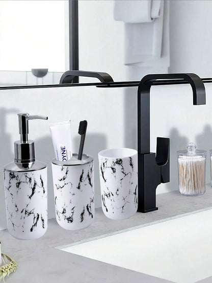 5 pezzi/9 pezzi Set di accessori per il bagno con motivo marmorizzato, inclusi portaspazzolino, dispenser di sapone, portasapone, bicchiere, bottiglie ricaricabili