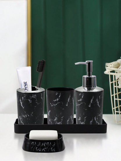 5 pezzi/9 pezzi Set di accessori per il bagno con motivo marmorizzato, inclusi portaspazzolino, dispenser di sapone, portasapone, bicchiere, bottiglie ricaricabili