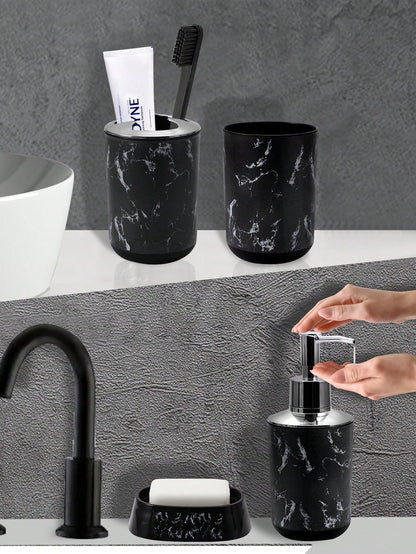 5 pezzi/9 pezzi Set di accessori per il bagno con motivo marmorizzato, inclusi portaspazzolino, dispenser di sapone, portasapone, bicchiere, bottiglie ricaricabili