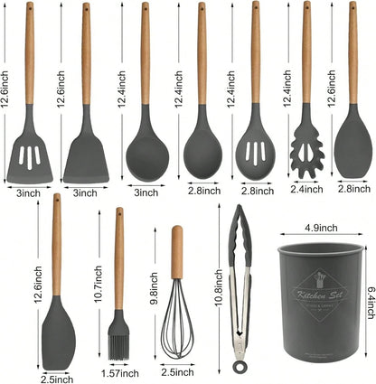 12 pezzi Set di utensili da cucina in silicone, set di utensili da cucina antiaderenti con supporto in legno, lavabili in lavastoviglie, resistenti al calore fino a 230°C