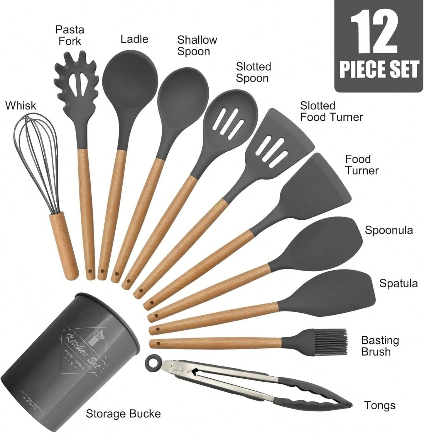 12 pezzi Set di utensili da cucina in silicone, set di utensili da cucina antiaderenti con supporto in legno, lavabili in lavastoviglie, resistenti al calore fino a 230°C