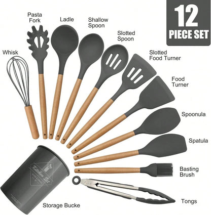 12 pezzi Set di utensili da cucina in silicone, set di utensili da cucina antiaderenti con supporto in legno, lavabili in lavastoviglie, resistenti al calore fino a 230°C