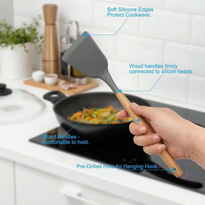 12 pezzi Set di utensili da cucina in silicone, set di utensili da cucina antiaderenti con supporto in legno, lavabili in lavastoviglie, resistenti al calore fino a 230°C, set di spatole, pinze, cucchiai, accessori da cucina