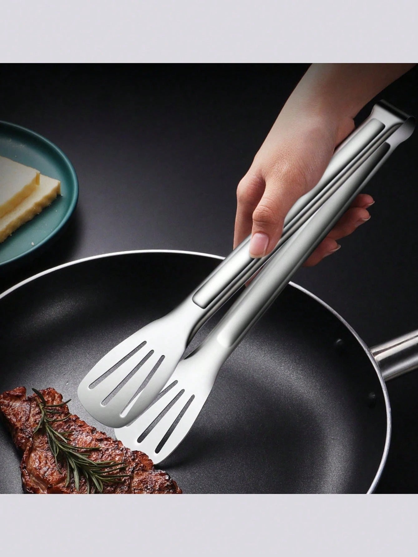 Pinze per alimenti in acciaio inossidabile da 7 pollici/9 pollici/12 pollici/14 pollici a 3 punte, rinforzate e resistenti al calore, per cucinare in casa, BBQ, bistecca, self-service, pinze per pane