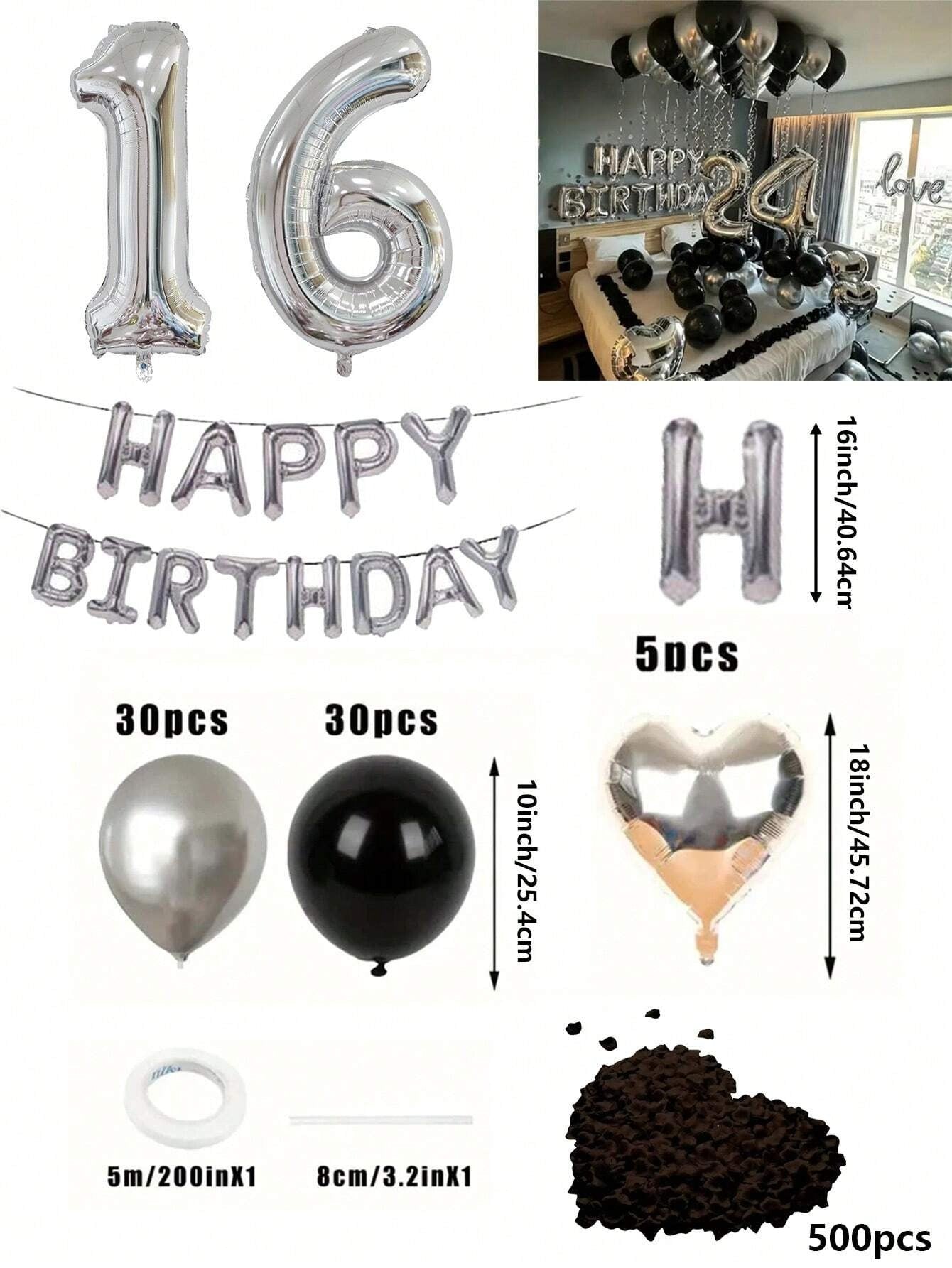 Set di 580 palloncini per ghirlanda da compleanno, colori nero e argento, palloncini in foil numeri oversize da 40", petali di rosa neri, adatto per feste di compleanno di uomini e donne