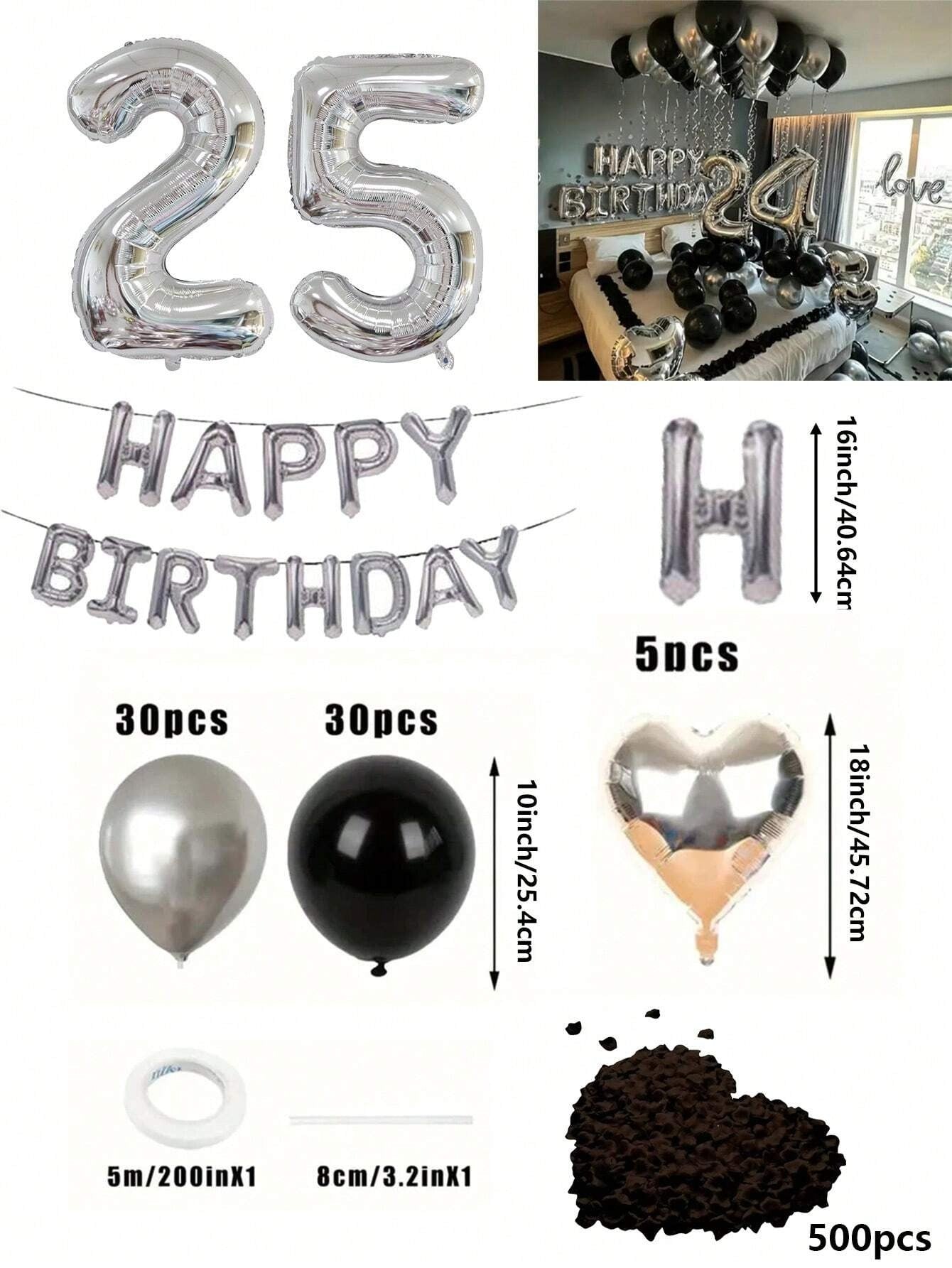 Set di 580 palloncini per ghirlanda da compleanno, colori nero e argento, palloncini in foil numeri oversize da 40", petali di rosa neri, adatto per feste di compleanno di uomini e donne