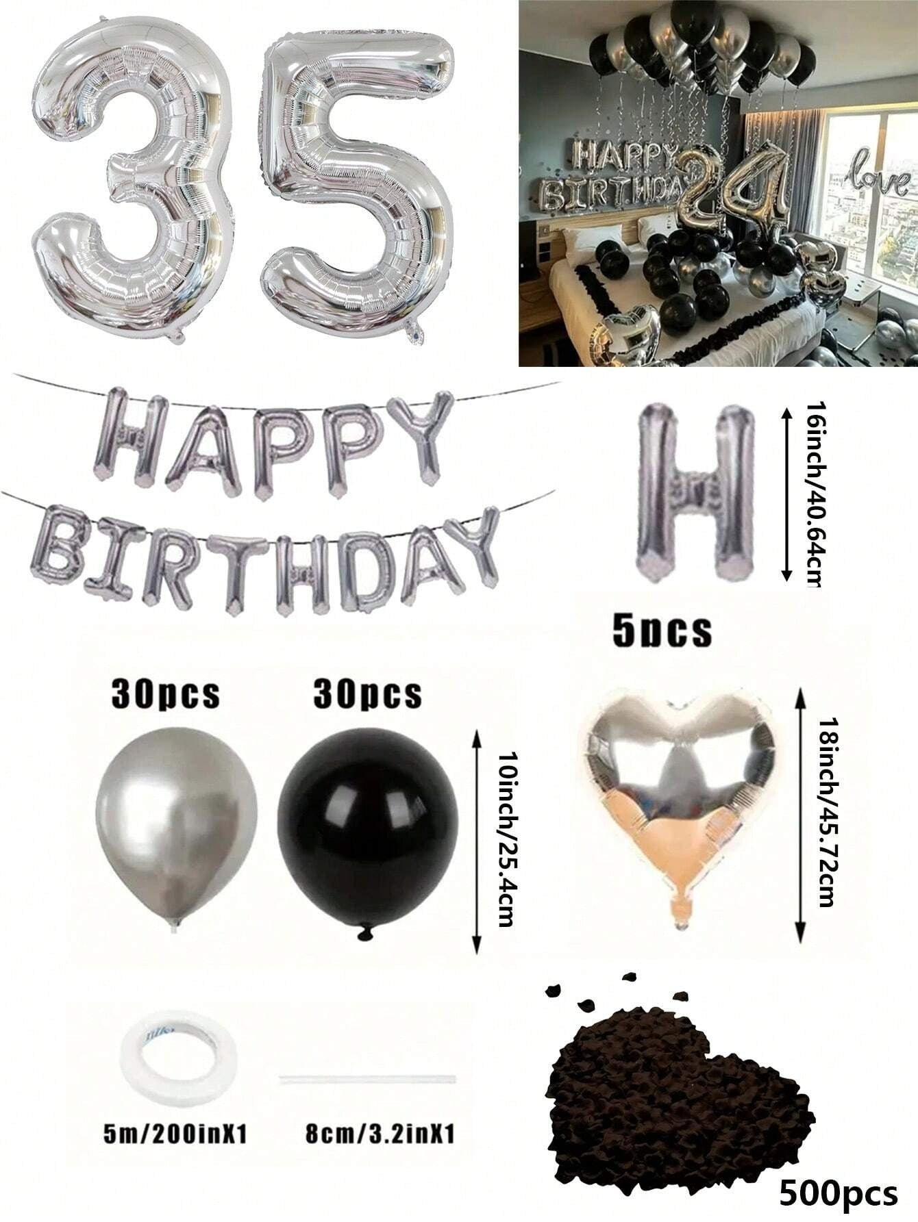Set di 580 palloncini per ghirlanda da compleanno, colori nero e argento, palloncini in foil numeri oversize da 40", petali di rosa neri, adatto per feste di compleanno di uomini e donne
