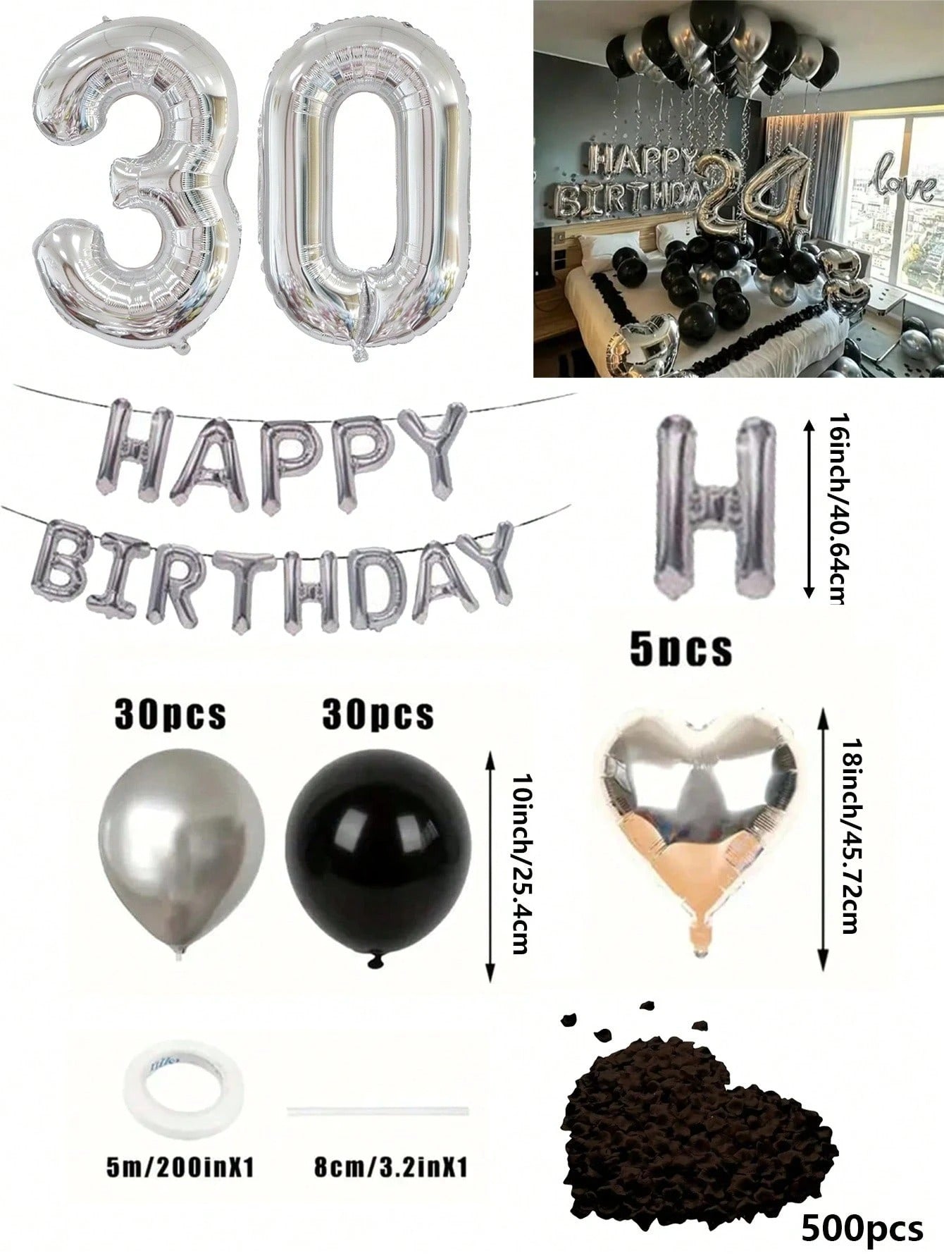 Set di 580 palloncini per ghirlanda da compleanno, colori nero e argento, palloncini in foil numeri oversize da 40", petali di rosa neri, adatto per feste di compleanno di uomini e donne