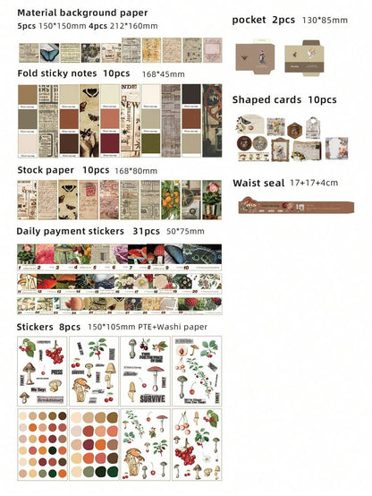 Kit di materiali per la decorazione fai-da-te, inclusi vari fogli di sfondo, cartoncini e adesivi retrò, per il ritorno a scuola, materiale scolastico