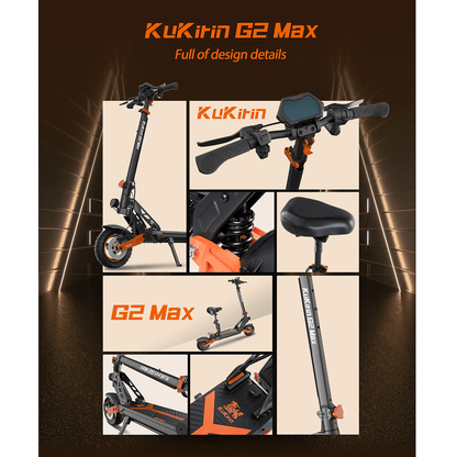 Kukirin Scooter elettrico pieghevole KuKirin G2 MAX con sedile rimovibile per adulti, pneumatici fuoristrada 10x2,75 pollici, motore da 1000 W, batteria da 48 V 20 Ah, autonomia di 80 km, 3 velocità, freni a doppio disco, forte assorbimento degli urti