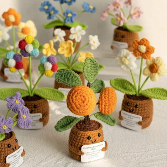 Pianta in vaso ispirante, decorazione floreale lavorata a mano all'uncinetto, pianta in miniatura, nontiscordardime, mughetto, calendula, girasole, biglietto di incoraggiamento caldo fatto a mano