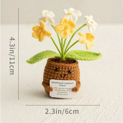 Pianta in vaso ispirante, decorazione floreale lavorata a mano all'uncinetto, pianta in miniatura, nontiscordardime, mughetto, calendula, girasole, biglietto di incoraggiamento caldo fatto a mano