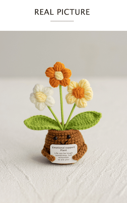 Pianta in vaso ispirante, decorazione floreale lavorata a mano all'uncinetto, pianta in miniatura, nontiscordardime, mughetto, calendula, girasole, biglietto di incoraggiamento caldo fatto a mano