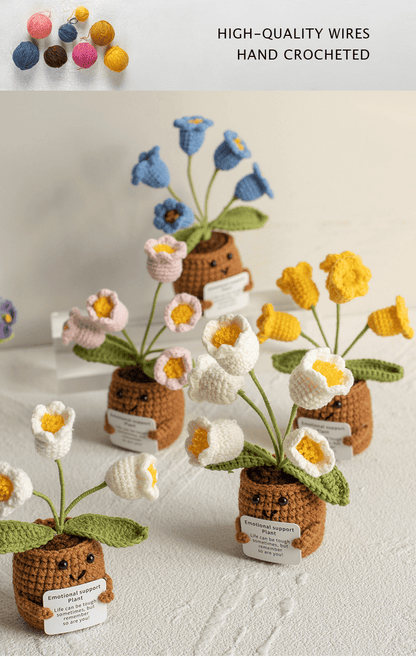 Pianta in vaso ispirante, decorazione floreale lavorata a mano all'uncinetto, pianta in miniatura, nontiscordardime, mughetto, calendula, girasole, biglietto di incoraggiamento caldo fatto a mano