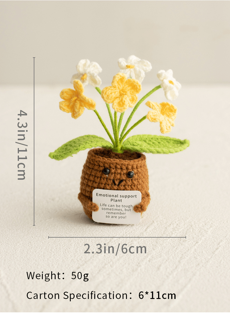 Pianta in vaso ispirante, decorazione floreale lavorata a mano all'uncinetto, pianta in miniatura, nontiscordardime, mughetto, calendula, girasole, biglietto di incoraggiamento caldo fatto a mano