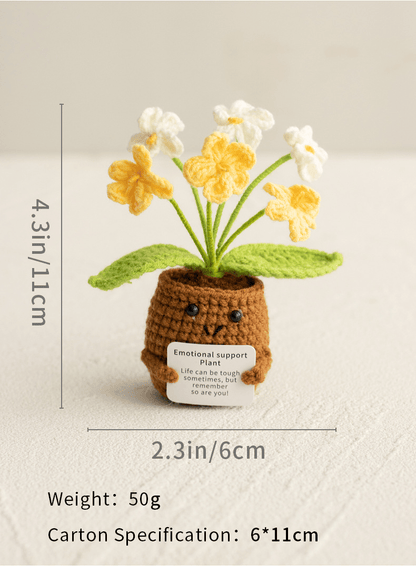 Pianta in vaso ispirante, decorazione floreale lavorata a mano all'uncinetto, pianta in miniatura, nontiscordardime, mughetto, calendula, girasole, biglietto di incoraggiamento caldo fatto a mano