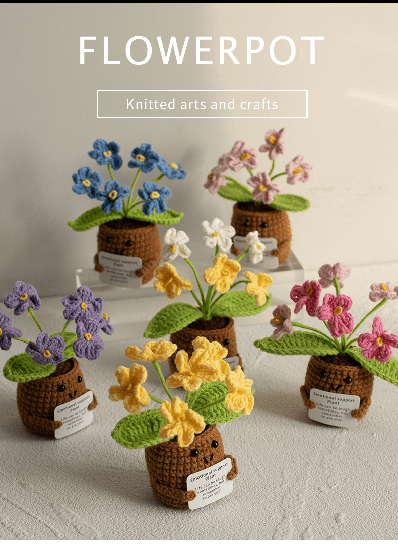 Pianta in vaso ispirante, decorazione floreale lavorata a mano all'uncinetto, pianta in miniatura, nontiscordardime, mughetto, calendula, girasole, biglietto di incoraggiamento caldo fatto a mano