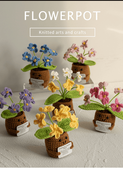 Pianta in vaso ispirante, decorazione floreale lavorata a mano all'uncinetto, pianta in miniatura, nontiscordardime, mughetto, calendula, girasole, biglietto di incoraggiamento caldo fatto a mano