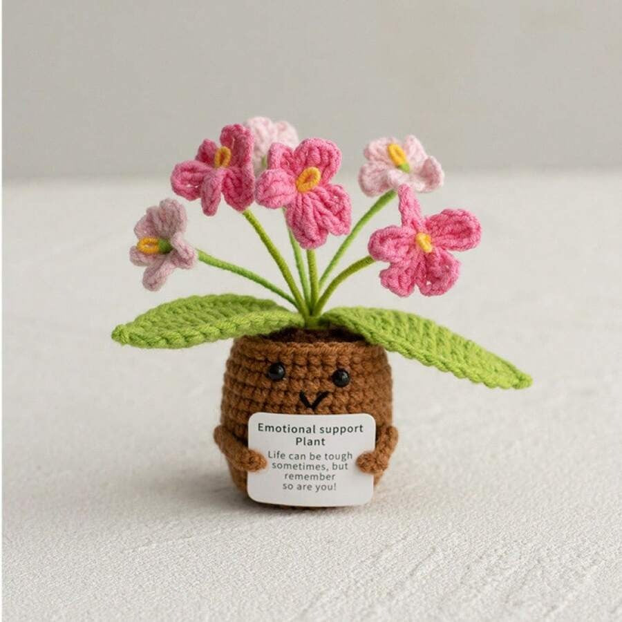 Pianta in vaso ispirante, decorazione floreale lavorata a mano all'uncinetto, pianta in miniatura, nontiscordardime, mughetto, calendula, girasole, biglietto di incoraggiamento caldo fatto a mano