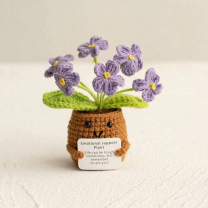 Pianta in vaso ispirante, decorazione floreale lavorata a mano all'uncinetto, pianta in miniatura, nontiscordardime, mughetto, calendula, girasole, biglietto di incoraggiamento caldo fatto a mano
