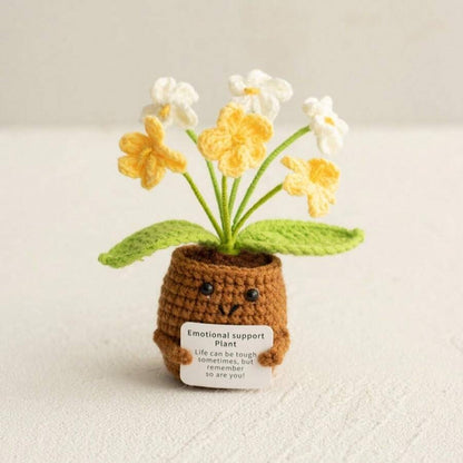 Pianta in vaso ispirante, decorazione floreale lavorata a mano all'uncinetto, pianta in miniatura, nontiscordardime, mughetto, calendula, girasole, biglietto di incoraggiamento caldo fatto a mano