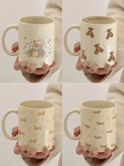 Tazza in ceramica con graziosi disegni di orso, fiocco e fiorellini, tazza da caffè per coppie, tazza in pregiata porcellana per latte, tazza per acqua con design di bassotto