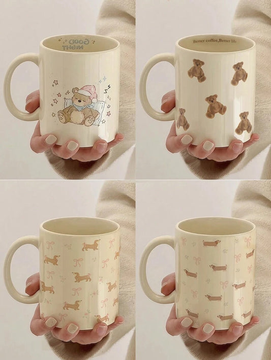 Tazza in ceramica con graziosi disegni di orso, fiocco e fiorellini, tazza da caffè per coppie, tazza in pregiata porcellana per latte, tazza per acqua con design di bassotto