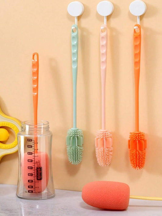 Spazzola multicolore in silicone con manico lungo per la pulizia di tazze, bottiglie e stoviglie in cucina, pulitore riutilizzabile per teiere, bottiglie di latte