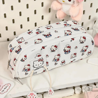 borsa per il trucco a cartone animato, astuccio grande con capacità elevata e set da 12 penne, forniture scolastiche, regalo carino di San Valentino con fiocco rosso, astuccio per il ritorno a scuola con stampa Hello Kitty all'interno