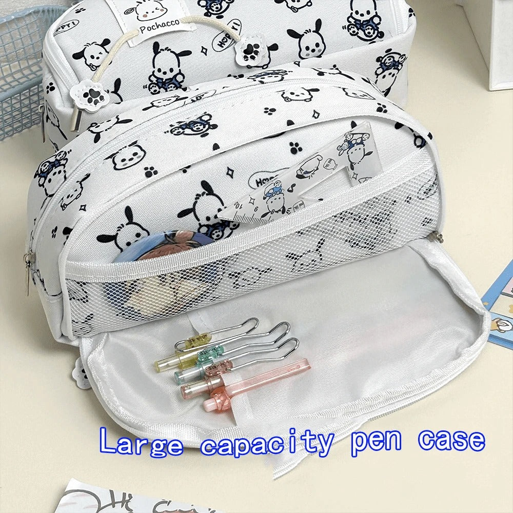 borsa per il trucco a cartone animato, astuccio grande con capacità elevata e set da 12 penne, forniture scolastiche, regalo carino di San Valentino con fiocco rosso, astuccio per il ritorno a scuola con stampa Hello Kitty all'interno