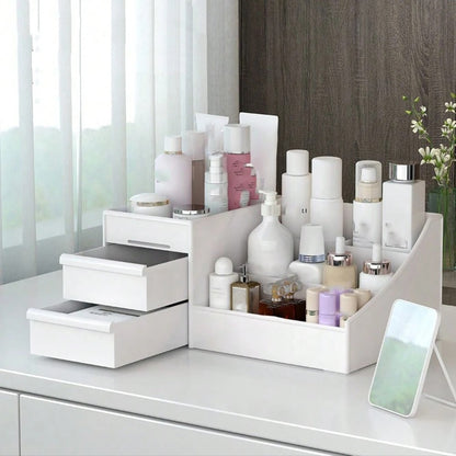 Scatola portaoggetti con 2 cassetti, utilizzabile per organizzare la scrivania, per conservare strumenti di trucco e prodotti per la cura della pelle, nonché per conservare i gioielli, accessori per il tavolino da toeletta, accessori per il bagno