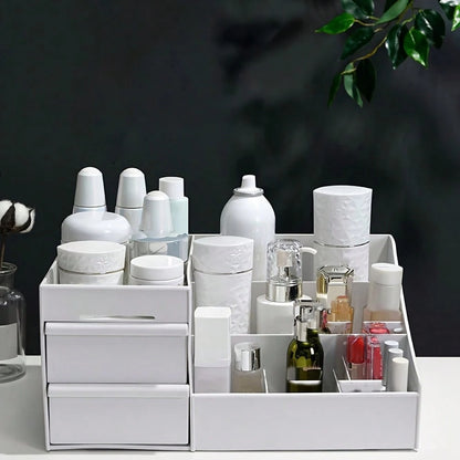 Scatola portaoggetti con 2 cassetti, utilizzabile per organizzare la scrivania, per conservare strumenti di trucco e prodotti per la cura della pelle, nonché per conservare i gioielli, accessori per il tavolino da toeletta, accessori per il bagno
