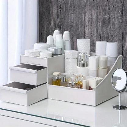 Scatola portaoggetti con 2 cassetti, utilizzabile per organizzare la scrivania, per conservare strumenti di trucco e prodotti per la cura della pelle, nonché per conservare i gioielli, accessori per il tavolino da toeletta, accessori per il bagno