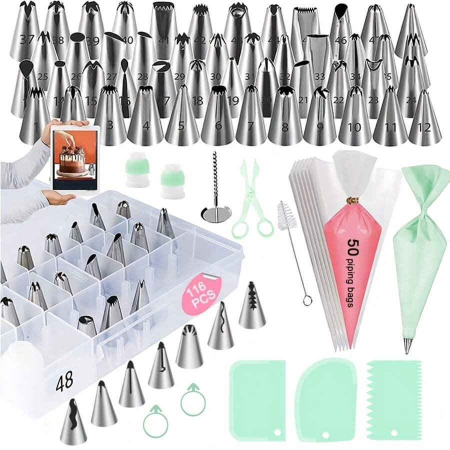 Set da 116 pezzi per decorare torte, include 55 bocchette per sac à poche, 50 sac à poche, 3 spatole per glassa, con scatola di contenimento. Adatto per decorare in modo creativo torte, biscotti.
