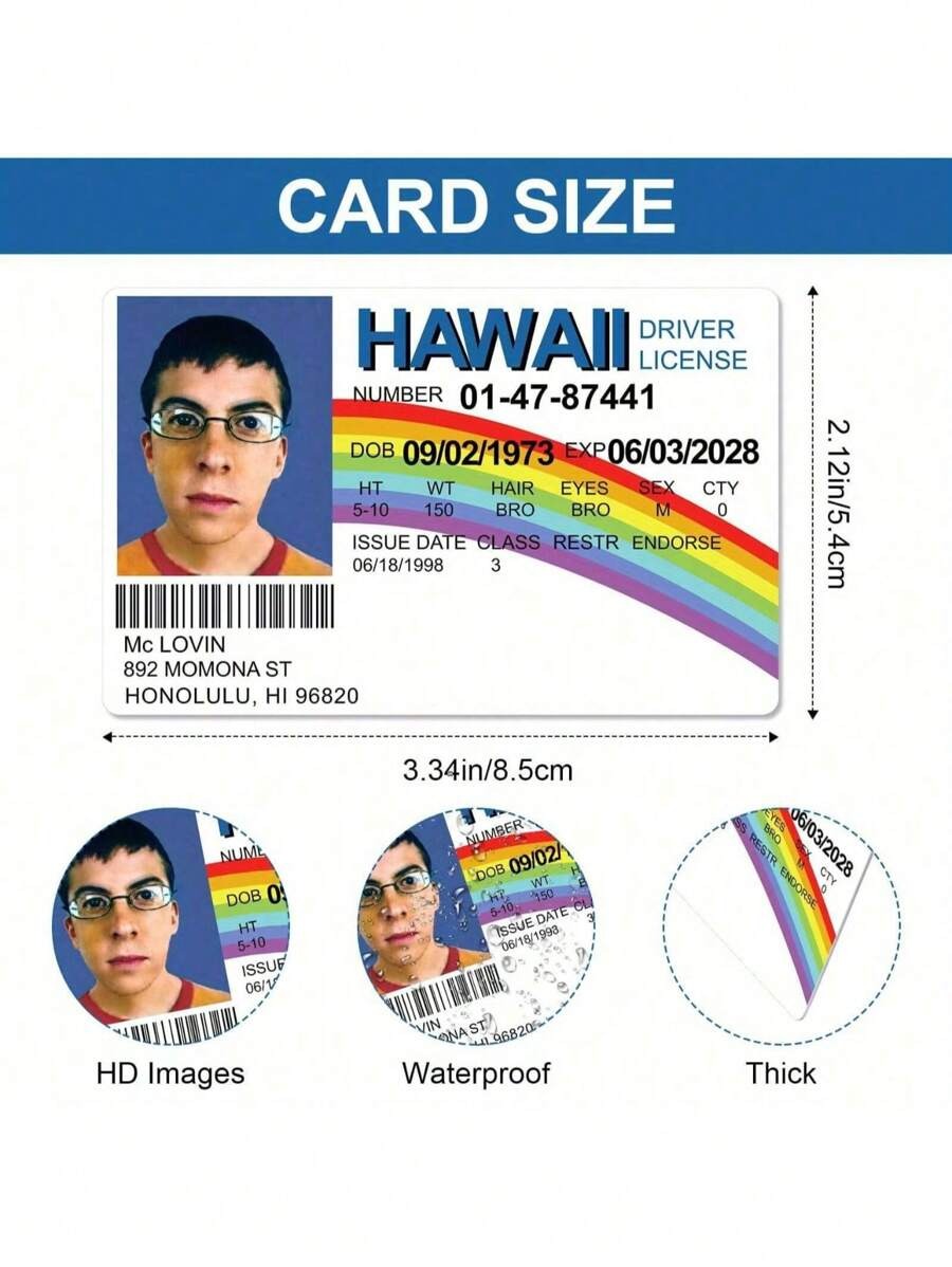 Carta d identità di plastica stile McLovin di - Stile di patente hawaiana - Novità divertente per tutte le età, oggetto di scena per costumi, impermeabile e compatto