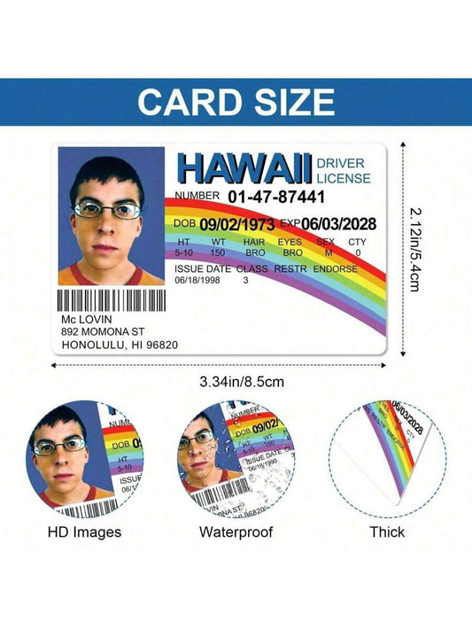 Carta d identità di plastica stile McLovin di - Stile di patente hawaiana - Novità divertente per tutte le età, oggetto di scena per costumi, impermeabile e compatto