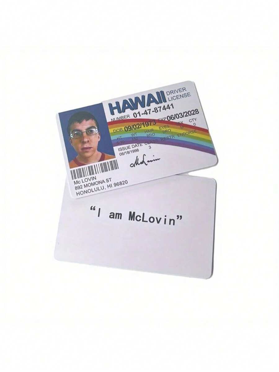 Carta d identità di plastica stile McLovin di - Stile di patente hawaiana - Novità divertente per tutte le età, oggetto di scena per costumi, impermeabile e compatto