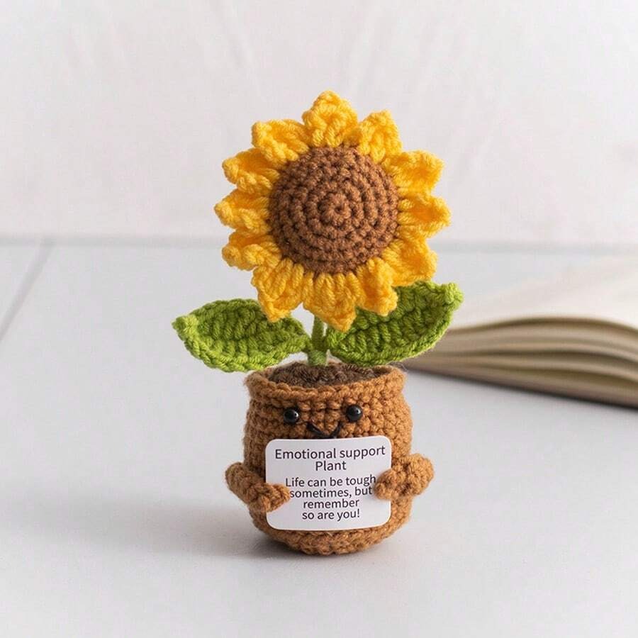 Pianta in vaso ispirante, decorazione floreale lavorata a mano all'uncinetto, pianta in miniatura, nontiscordardime, mughetto, calendula, girasole, biglietto di incoraggiamento caldo fatto a mano