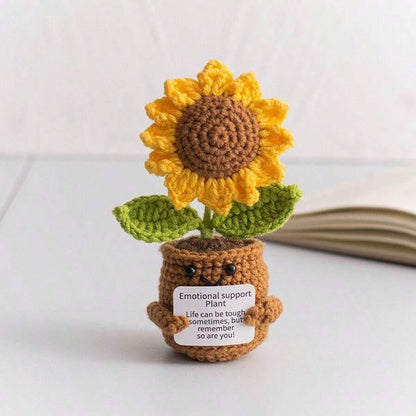 Pianta in vaso ispirante, decorazione floreale lavorata a mano all'uncinetto, pianta in miniatura, nontiscordardime, mughetto, calendula, girasole, biglietto di incoraggiamento caldo fatto a mano
