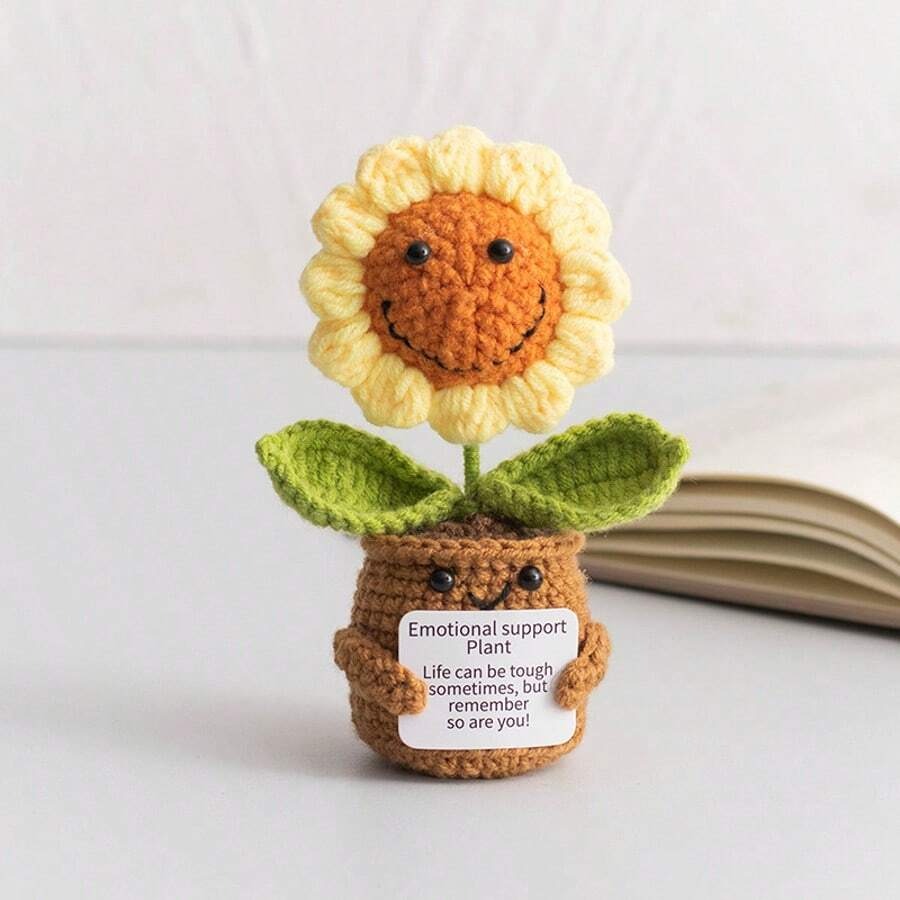 Pianta in vaso ispirante, decorazione floreale lavorata a mano all'uncinetto, pianta in miniatura, nontiscordardime, mughetto, calendula, girasole, biglietto di incoraggiamento caldo fatto a mano