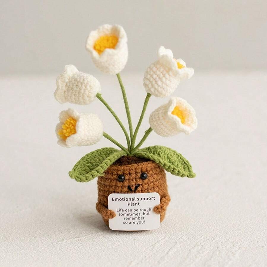 Pianta in vaso ispirante, decorazione floreale lavorata a mano all'uncinetto, pianta in miniatura, nontiscordardime, mughetto, calendula, girasole, biglietto di incoraggiamento caldo fatto a mano
