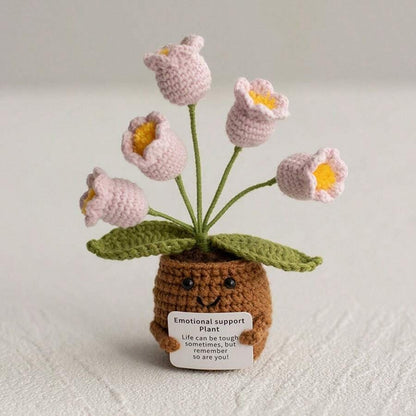 Pianta in vaso ispirante, decorazione floreale lavorata a mano all'uncinetto, pianta in miniatura, nontiscordardime, mughetto, calendula, girasole, biglietto di incoraggiamento caldo fatto a mano